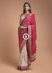 Ivory Beige And Red Half And Half Saree In Silk With Bandhani Print And Weaved Floral Buttis Online - Kalki Fashion