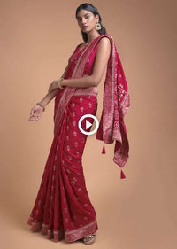 Scarlet Red Saree In Silk With Weaved Floral Buttis And Bandhani Printed Pallu Online - Kalki Fashion