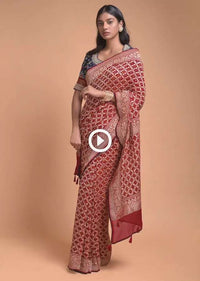 Apple Red Saree In Georgette With Bandhani Print And Weaved Checks Online - Kalki Fashion