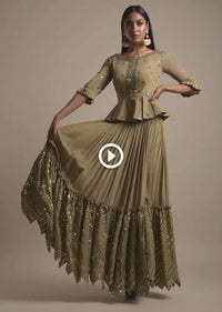Moss Green Skirt And Peplum Top With Mirror Abla Embroidery And Zigzag Cut Hem