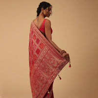 Carmine Red Dola Silk Banarasi Saree With Bandhani Waeve