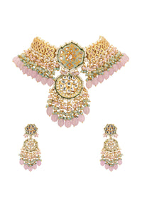 Gold-Finish Kundan Choker Necklace Set With Intricate Work In Mix Metal