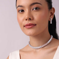 92.5 Sterling Silver Single Linear Choker Set with Faux Diamonds