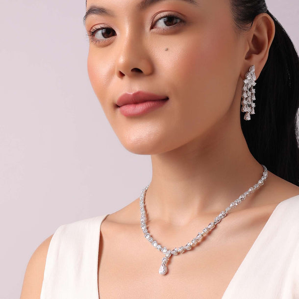 92.5 Sterling Silver Choker Set with Pear Shaped Pendant And Faux Diamonds