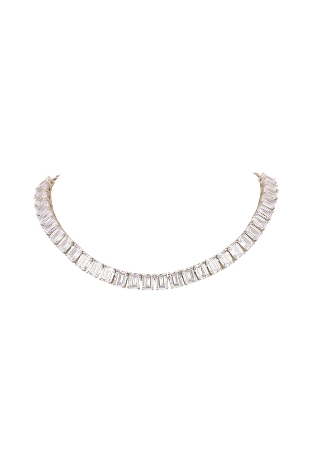 92.5 Sterling Silver Single Linear Choker Set with Faux Diamonds