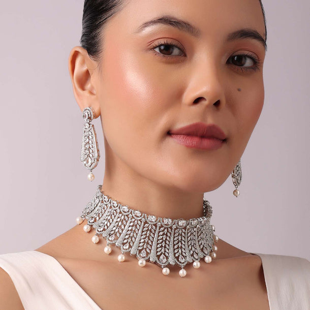 92.5 Sterling Silver Choker Set with Faux Diamonds And Pearl Drops