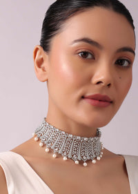 92.5 Sterling Silver Choker Set with Faux Diamonds And Pearl Drops