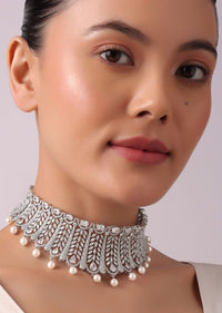 92.5 Sterling Silver Choker Set with Faux Diamonds And Pearl Drops