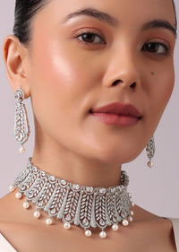 92.5 Sterling Silver Choker Set with Faux Diamonds And Pearl Drops