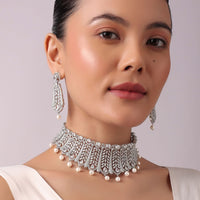 92.5 Sterling Silver Choker Set with Faux Diamonds And Pearl Drops