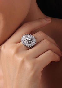 92.5 Sterling Silver Cocktail Ring with Faux Diamonds In a Floral Pattern