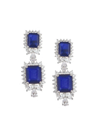 92.5 Sterling Silver Danglers With Sapphire Blue Synthetic Stone In Rectangular Shape