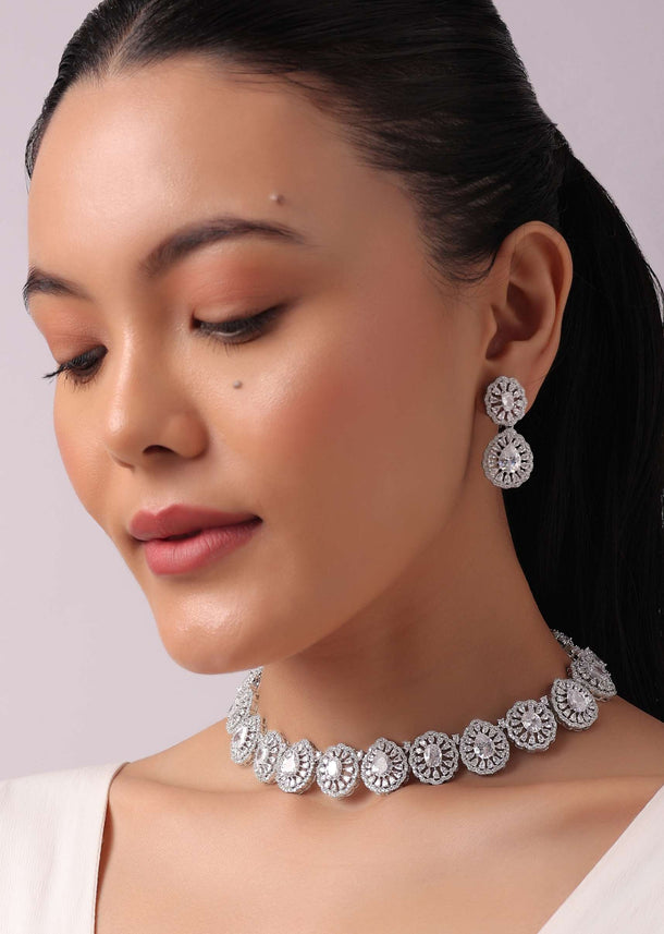 92.5 Sterling Silver Floral Choker Set with Faux Diamonds