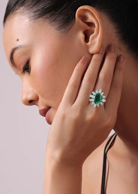 92.5 Sterling Silver Floral Ring with Green Oval Shaped Emerald