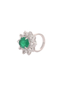 92.5 Sterling Silver Floral Ring Embedded with Green Emerald