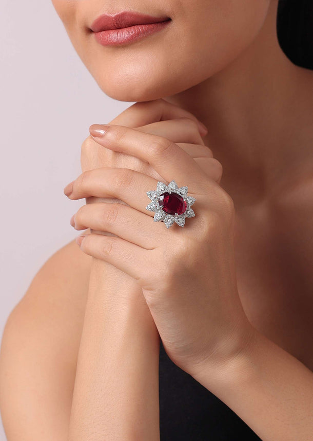 92.5 Sterling Silver Flower Shaped Ring Studded With Oval-Shaped Garnet Red Synthetic Stone