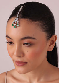 92.5 Sterling Silver Maangtikka With Emerald Green Synthetic Stones