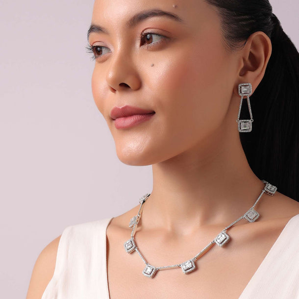 92.5 Sterling Silver Necklace Set with Cubic Stones In a Geometric Design