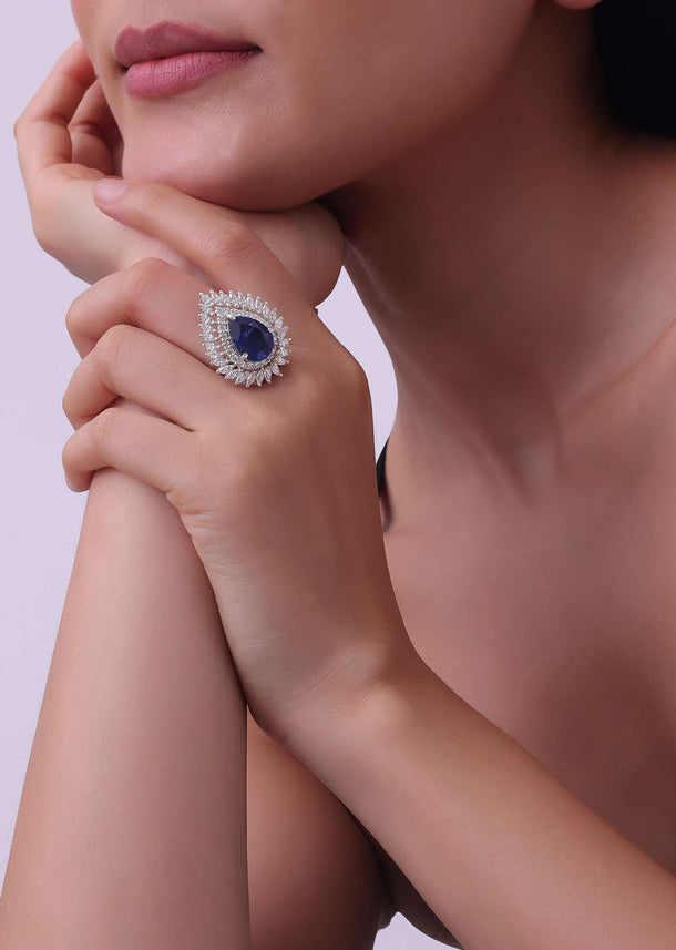 92.5 Sterling Silver Pear Shaped Ring Studded With A Sapphire Blue Synthetic Stone