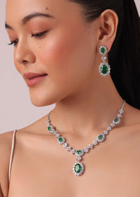 92.5 Sterling Silver Pendant Necklace Set With Green Synthetic Stones