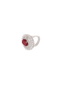 92.5 Sterling Silver Ring Studded With Lab Diamonds And A Round Garnet Red Stone