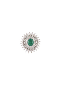 92.5 Sterling Silver Ring Studded With Lab Diamonds And A Round Emerald Green Stone