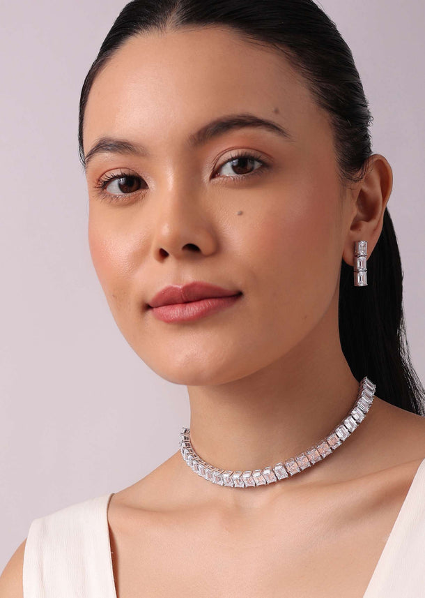 92.5 Sterling Silver Single Linear Choker Set with Faux Diamonds