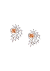 92.5 Sterling Silver Studs With Champagne Orange Synthetic Stone And Lab Diamonds