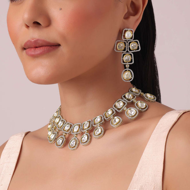 92.5 Sterling Silver Two Tone Choker Set With Geometric Motifs