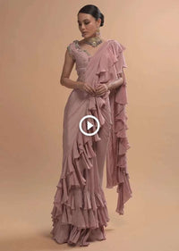 Champagne Pink Ready Pleated Ruffle Saree With 3D Flower And Checks Embroidered Cap Sleeve Blouse