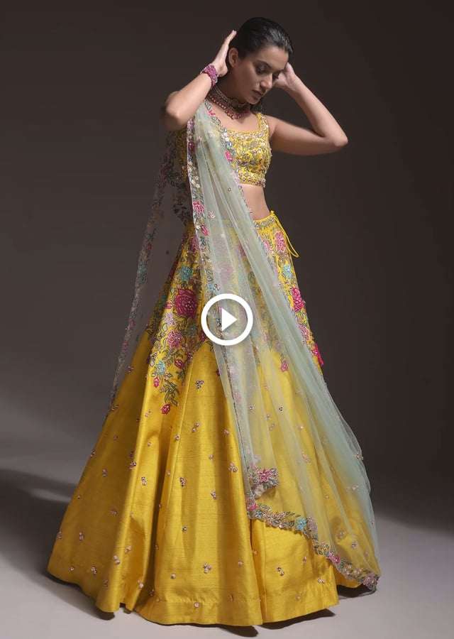 Yellow Lehenga Choli In Raw Silk With Resham, Cut Dana And Sequins Embroidered Summertime Blossoms