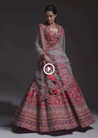 Carmine Red Heavy Embroidered Lehenga With Resham Embroidered Floral Vines And Heritage Border