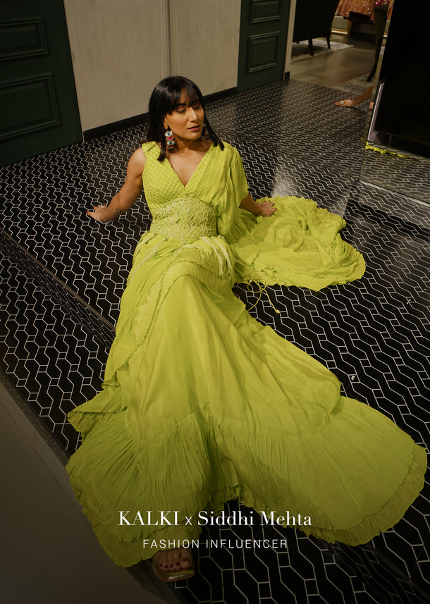 Fern Green Stitched Frill Saree In Crepe With Blouse And A Cut Work Belt