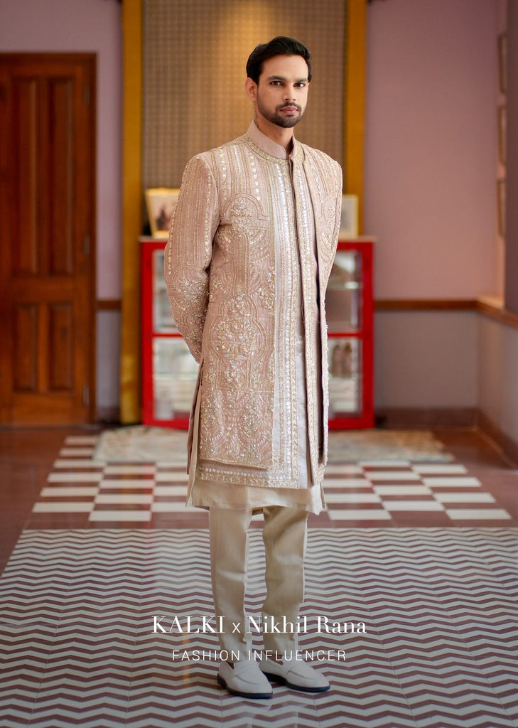 Beige Double Layered Straight Cut Silk Sherwani And Kurta Set