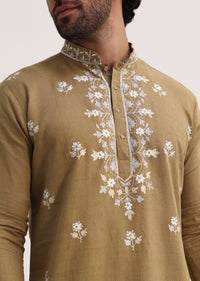 Beige Resham Work Kurta Set For Men