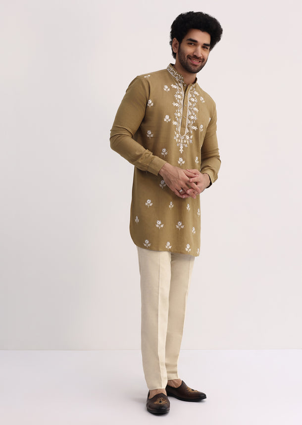 Beige Resham Work Kurta Set For Men