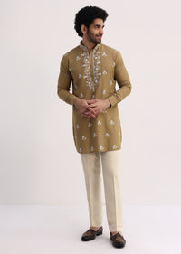 Beige Resham Work Kurta Set For Men