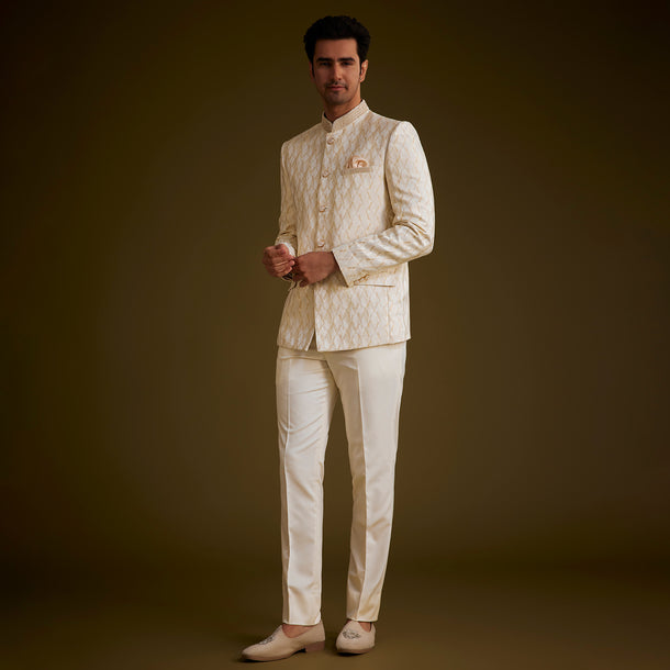 Beige Silk Textured Jodhpuri Suit With Cut Dana Accents