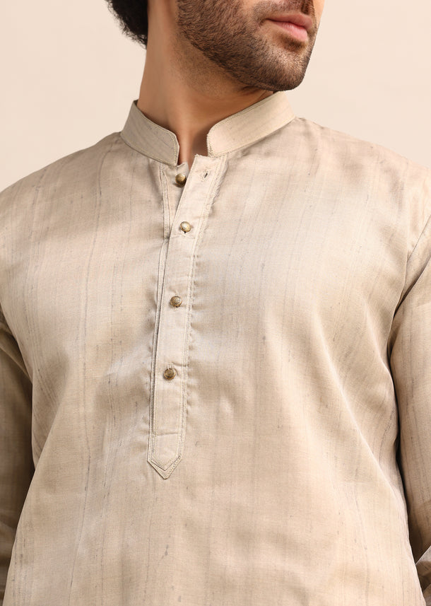 Beige Tussar Silk Plain Kurta Pyjama For Men
