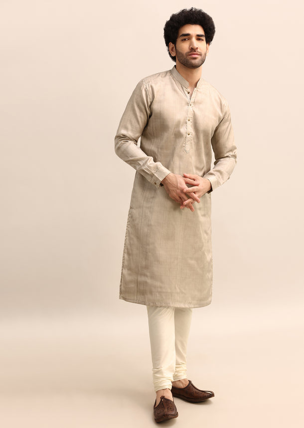 Beige Tussar Silk Plain Kurta Pyjama For Men