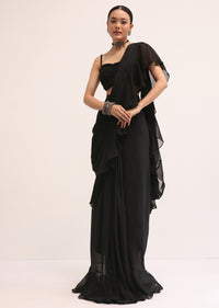 Black Embroidered Silk Blouse And Skirt With Attached Dupatta