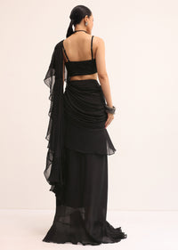 Black Embroidered Silk Blouse And Skirt With Attached Dupatta