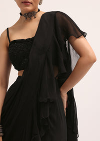 Black Embroidered Silk Blouse And Skirt With Attached Dupatta