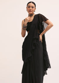 Black Embroidered Silk Blouse And Skirt With Attached Dupatta