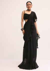 Black Embroidered Silk Blouse And Skirt With Attached Dupatta