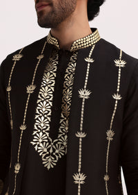 Black Gold Foil Apllique Work Kurta Jacket Set