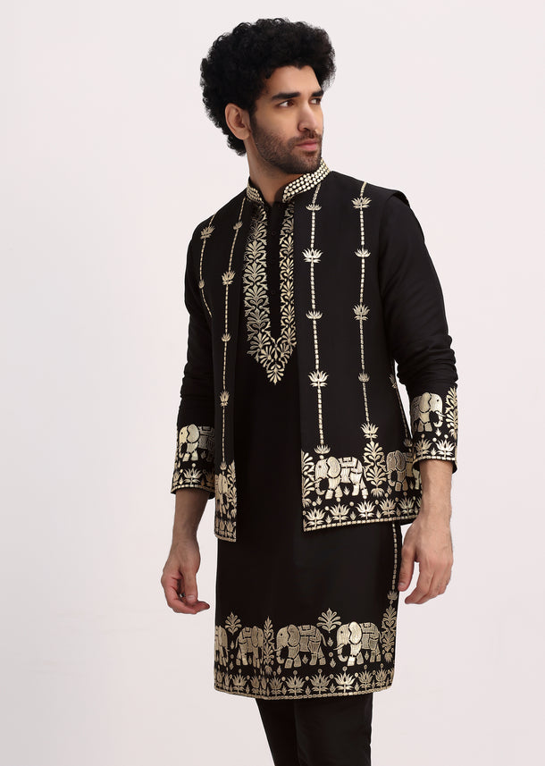 Black Gold Foil Apllique Work Kurta Jacket Set