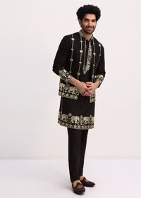 Black Gold Foil Apllique Work Kurta Jacket Set