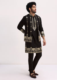 Black Gold Foil Apllique Work Kurta Jacket Set