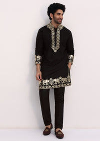 Black Gold Foil Apllique Work Kurta Jacket Set